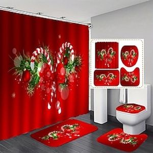 Merry Christmas Shower Curtain With 12 Plastic Hooks, Christmas Candy Christmas Tree Polyester Cloth Curtains , Non-Slip Bathroom Rug, Toilet U-Shape Mat, Toilet Lid Cover Pad, Xmas miniinthebox