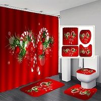 Merry Christmas Shower Curtain With 12 Plastic Hooks, Christmas Candy Christmas Tree Polyester Cloth Curtains , Non-Slip Bathroom Rug, Toilet U-Shape Mat, Toilet Lid Cover Pad, Xmas miniinthebox - thumbnail