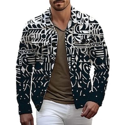 Star Geometry Vintage Casual Men's Shirt Shirt Jacket Shacket Outdoor Street Casual Daily Fall  Winter Turndown Long Sleeve Black White Dark Navy S M L Shirt Lightinthebox