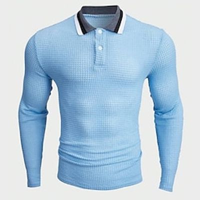 Men's Polo Shirt Button Up Polos Casual Holiday Classic Long Sleeve Fashion Basic Color Block Quick Dry Summer Spring Regular Fit Light Sky Blue Polo Shirt Lightinthebox