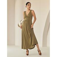 Modal Sleeveless Solid Color V Neck Daily Casual Maxi Dress