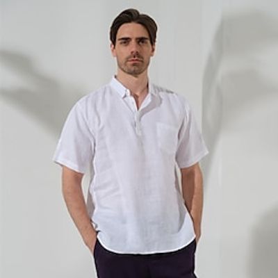 100% Linen Front Pocket Men's Shirt Linen Shirt Black White Dark Blue Short Sleeve Plain Lapel Summer Outdoor Daily Clothing Apparel Lightinthebox