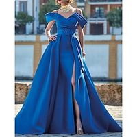 A-Line Evening Gown Elegant Dress Formal Floor Length Short Sleeve Off Shoulder Satin with Slit 2024 Lightinthebox