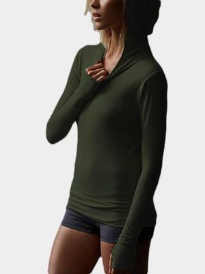 Active Quick Drying Elastic Sports Hoodies with Mittens in Army Green Active Quick Drying Elastic Sports Hoodies with Mittens in Army Green