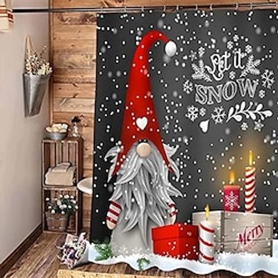 Gray Background Elf Bathroom Shower Curtain, Cute Christmas Snowflake Pattern Shower Curtain, Winter Christmas Holiday Bathroom Curtain, With 12 Plastic Hooks miniinthebox