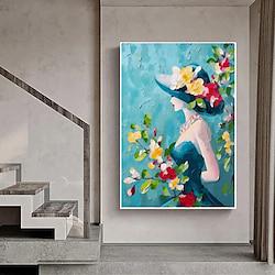 Hand painted Woman Abstract Painting Figure Abstract Painting Flower Textured Wall Art Green Oil Painting Elegant Lady Wall Art Floral Abstract Painting For Home Wall Decor Lightinthebox