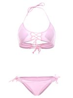 Sexy Criss Cross Straps Halter Pink Solid Color Bikini Set For Women