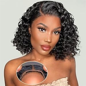 Wear and Go Glueless Wig Human Hair Bob Lace Closure Wigs Pre Cut 4X4 HD Lace Deep Curly Wig for Black Women 180% Density Natural Color 10 Inch Lightinthebox