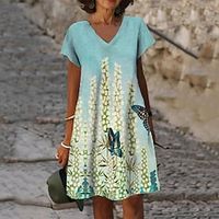 Women's Shift Dress Knee Length Dress Green Blue Royal Blue Short Sleeve Floral Color Gradient Print Spring Summer V Neck Casual Vacation 2022 S M L XL XXL 3XL Lightinthebox - thumbnail