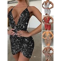 Women's Party Dress Sequin Dress Sheath Dress Cocktail Party Club Mini Dress Party Hot Deep V Sleeveless Sequins Backless 2023 Regular Fit Silver Black Champagne Pure Color S M L XL 2XL Lightinthebox - thumbnail