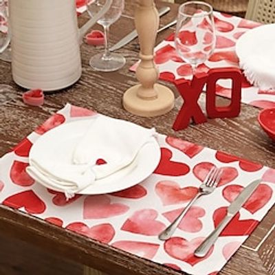 Valentine's Day Placemats Red Pink Heart Seasonal Farmhouse Burlap Indoor Kitchen Dining Table Mats Decorations for Home Party Lightinthebox