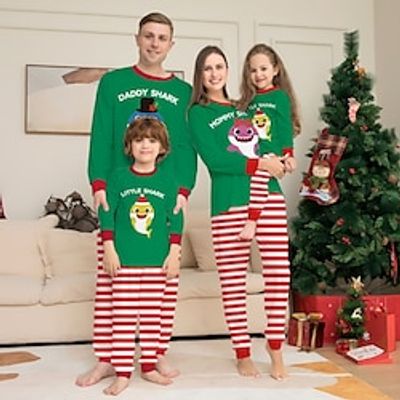 Family Christmas Pajamas Animal Cute Christmas Pajamas Striped Home Print Green Long Sleeve Mommy And Me Outfits Active Matching Outfits Lightinthebox