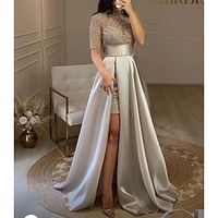 A-Line Evening Gown Glittering Dress Cocktail Party Black Tie Floor Length Short Sleeve High Neck Fall Wedding Guest Charmeuse with Slit 2023 Lightinthebox - thumbnail