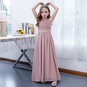 A-Line Floor Length Junior Bridesmaid Dress Party Chiffon Sleeveless Jewel Neck with Pleats miniinthebox