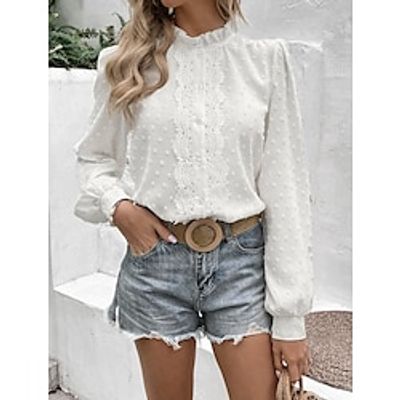 Shirt Blouse Women's Black White Green Solid  Plain Color Lace Lettuce Trim Daily Fashion Standing Collar Regular Fit S Lightinthebox