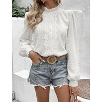 Shirt Blouse Women's Black White Green Solid  Plain Color Lace Lettuce Trim Daily Fashion Standing Collar Regular Fit S Lightinthebox - thumbnail