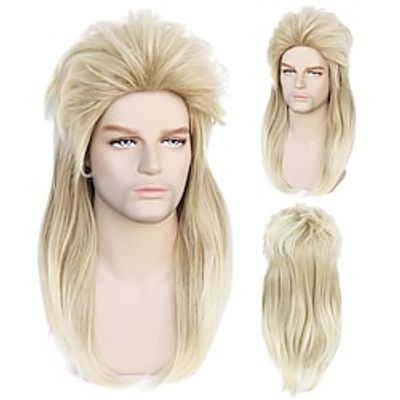No glasses Blonde 80s Rock Style Mullet Cosplay wig Synthetic Long Natural Wavy Wigs for Man and Woman Lightinthebox