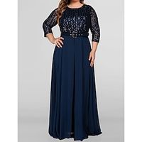 Women's Plus Size Curve Party Dress Chiffon Dress Formal Dress Plain Long Dress Maxi Dress 34 Length Sleeve Crew Neck Elegant Party Dark Blue Fall Winter L XL XXL 3XL 4XL Lightinthebox - thumbnail