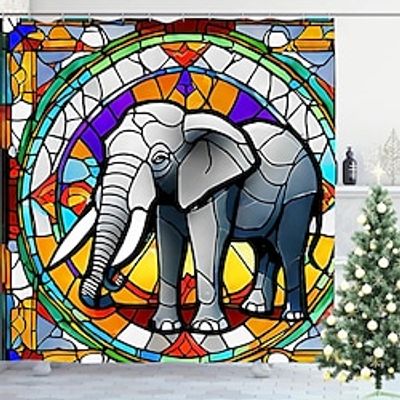 Stained Glass Elephant Bathroom Deco 4 Pcs Shower Curtain Set Bathroom Sets Modern Home Bathroom Decor with Bath Mat U Shape and Toilet Lid Cover Mat and 12 Hooks miniinthebox