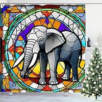 Stained Glass Elephant Bathroom Deco 4 Pcs Shower Curtain Set Bathroom Sets Modern Home Bathroom Decor with Bath Mat U Shape and Toilet Lid Cover Mat and 12 Hooks miniinthebox - thumbnail