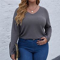 Women's Plus Size Tops Blouse Shirt Plain Long Sleeve V Neck Basic Daily Weekend Polyster Spring Summer Pink Black Lightinthebox - thumbnail