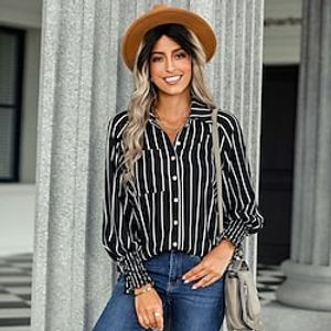 Women's Blouse Striped Daily Weekend Blouse Shirt Long Sleeve Pocket Button Shirt Collar Casual Streetwear White Black Red S miniinthebox