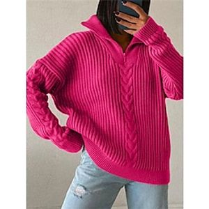 Women's Pullover Sweater Jumper Shirt Collar Cable Knit Polyester Zipper Fall Winter Regular Outdoor Daily Going out Stylish Casual Soft Long Sleeve Solid Color Black Pink Blue S M L miniinthebox