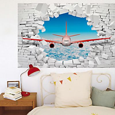 3D Broken Wall Blue Sky White Cloud Aircraft Home Corridor Background Decoration Can be Removed Stickers miniinthebox