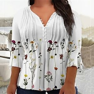 Women's Plus Size Tops Blouse Shirt Floral Button Print 34 Length Sleeve V Neck Casual Daily Vacation Cotton Spandex Jersey Winter Fall White Lightinthebox