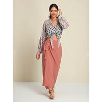 Geometric Bohemia Lantern Sleeve V Neck BlouseCotton Linen Tie Knot Wrap Maxi Skirt Two Piece Set