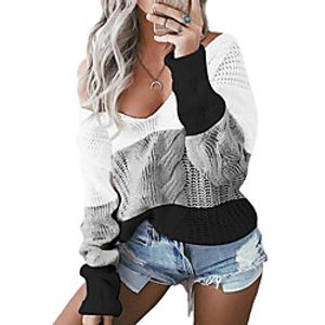 Women's Sweater Knitted Color Block Stylish Long Sleeve Sweater Cardigans V Neck Fall Blue Blushing Pink Gray miniinthebox