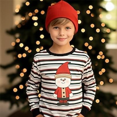 Christmas Boys 3D Santa Claus Stripe Tee Shirt Long Sleeve 3D Print Fall Winter Sports Fashion Streetwear Polyester Kids 3-12 Years Crew Neck Outdoor Casual Daily Regular Fit miniinthebox