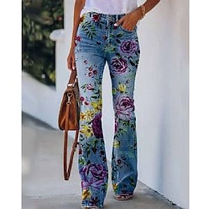 Women's Fashion Casual / Sporty Trousers Bell Bottom Print Full Length Pants Casual Daily Micro-elastic Flower / Floral Faux Denim High Waist Loose Green Blue Purple Yellow Light Green S M L XL XXL miniinthebox