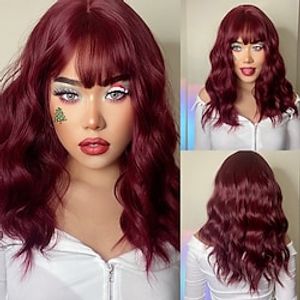 Synthetic Wig Wavy With Bangs Wig 22 inch Wine Red Synthetic Hair Women's Silky Fashion Fluffy Burgundy Lightinthebox