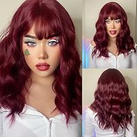 Synthetic Wig Wavy With Bangs Wig 22 inch Wine Red Synthetic Hair Women's Silky Fashion Fluffy Burgundy Lightinthebox - thumbnail