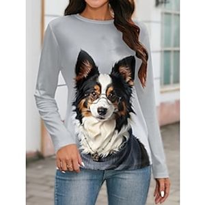 Women's T shirt Tee Animal Cat Black Blue Dark Gray Print Long Sleeve Valentine's Day Going out Fashion Funny Round Neck Regular Fit Spring Lightinthebox