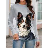 Women's T shirt Tee Animal Cat Black Blue Dark Gray Print Long Sleeve Valentine's Day Going out Fashion Funny Round Neck Regular Fit Spring Lightinthebox - thumbnail