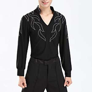 Latin Dance Top Solid Crystals  Rhinestones Men's Training Performance Long Sleeve Natural Linen Lightinthebox