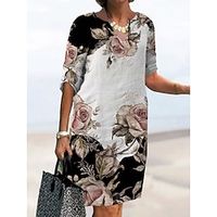 Women's Casual Dress Shift Dress Summer Dress Leaf Floral Print Split Neck Midi Dress Active Fashion Outdoor Daily Half Sleeve Regular Fit Black Blue Green Summer Spring S M L XL XXL Lightinthebox - thumbnail