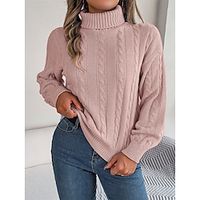 Women's Pullover Sweater Jumper Jumper Cable Knit Oversized Solid Color Turtleneck Stylish Casual Outdoor Daily Fall Winter Pink Army Green S M L miniinthebox - thumbnail