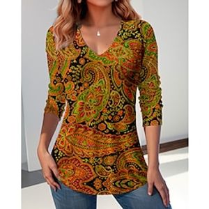 Women's T shirt Tee Paisley Red Print Long Sleeve Daily Weekend Fashion V Neck Regular Fit Spring   Fall Lightinthebox