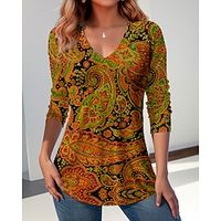 Women's T shirt Tee Paisley Red Print Long Sleeve Daily Weekend Fashion V Neck Regular Fit Spring   Fall Lightinthebox - thumbnail