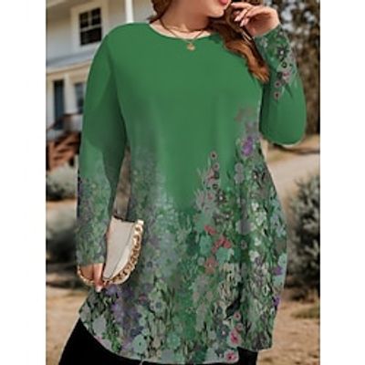 Women's Plus Size Curve Casual Dress Winter Dress T Shirt Dress Tee Dress Floral Mini Dress Long Sleeve Print Crew Neck Fashion Outdoor Blue Brown Fall Winter L XL 2XL 3XL 4XL Lightinthebox