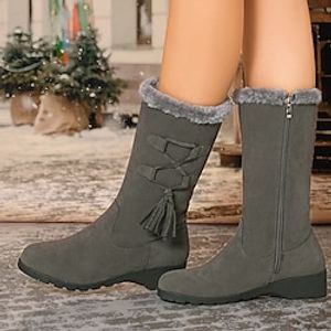 Women's Boots Winter Boots Outdoor Daily Solid Color Mid Calf Boots Zipper Wedge Heel Round Toe Punk Casual Minimalism Suede Zipper Black Gray miniinthebox