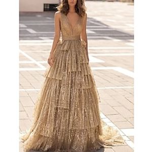 Ball Gown A-Line Prom Dresses Elegant Dress Formal Prom Floor Length Sleeveless V Neck Tulle with Ruched 2024 Lightinthebox