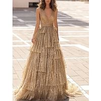Ball Gown A-Line Prom Dresses Elegant Dress Formal Prom Floor Length Sleeveless V Neck Tulle with Ruched 2024 Lightinthebox - thumbnail