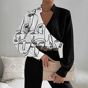 Women's Shirt Blouse Black Abstract Portrait Print Long Sleeve Casual Fashion V Neck Regular Fit Portrait Spring   Fall Lightinthebox