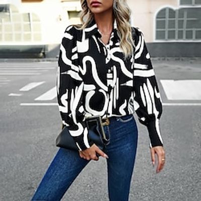 Women's Black White Red Flower Print Long Sleeve Work Romantic Boat Neck Form Fit Portrait Fleece lined Bell Sleeve Fall  Winter Lightinthebox