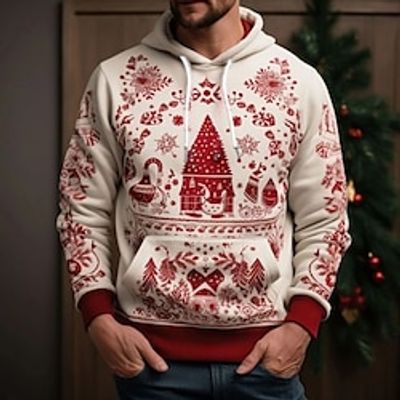 Graphic Plants Merry Christmas Daily Basic Casual Men's 3D Print Hoodie Pullover Christmas Sports Outdoor Holiday Hoodies Red  White Red Hooded Print Front Pocket Spring   Fall Designer Lightinthebox