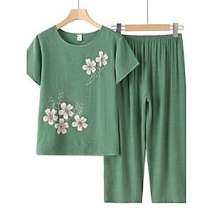 Women's 2 Piece Loungewear Sets Polyester Breathable Crew Neck Short Sleeve T-shirt and Wide Leg Elastic Waist Pants Flower Print Fashion Casual Comfort Street Daily Date Summer Spring Pink Blue 4XL miniinthebox
